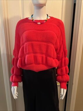 Women's Bright Pink Bubble Sleeve Crewneck Sweater